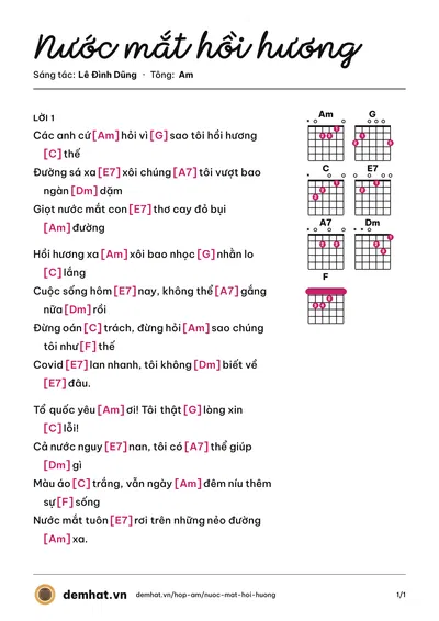 Hợp âm Nước mắt hồi hương (Lê Huy) – bản nhạc PDF trang 1, tông Am