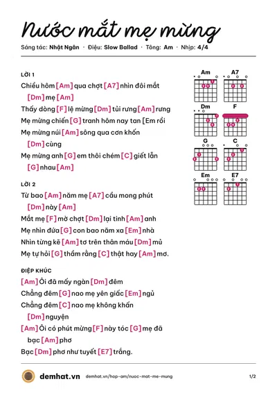 Hợp âm Nước mắt mẹ mừng (Nhật Ngân) – bản nhạc PDF trang 1, tông Am