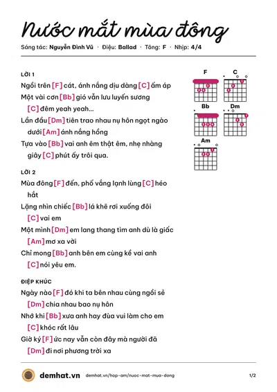 Hợp âm Nước mắt mùa đông (Việt My) – bản nhạc PDF trang 1, tông F