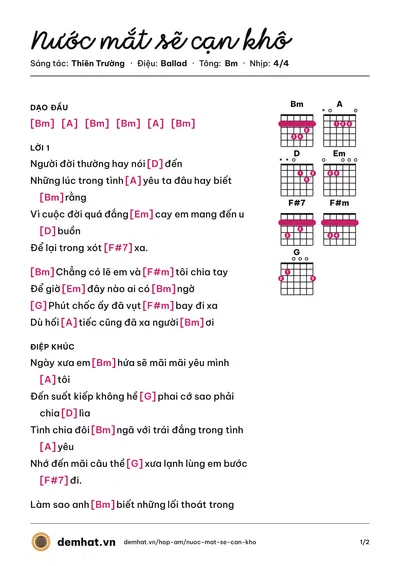 Hợp âm Nước mắt sẽ cạn khô (Thiên Trường) – bản nhạc PDF trang 1, tông Bm