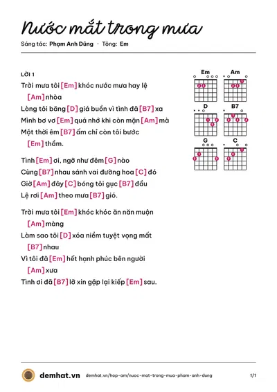 Hợp âm Nước mắt trong mưa (Thanh Lan) – bản nhạc PDF trang 1, tông Em