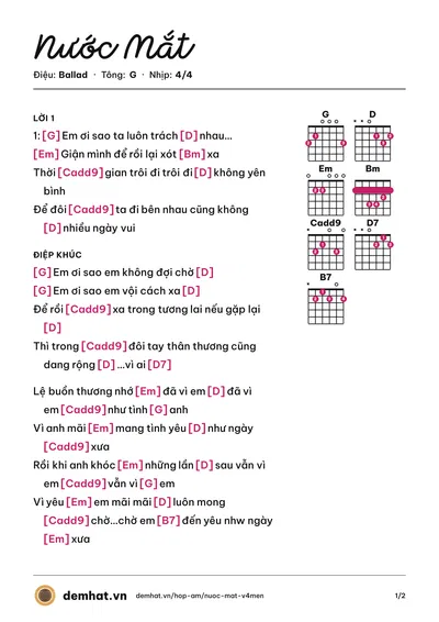 Hợp âm Nước Mắt (V4men) – bản nhạc PDF trang 1, tông G