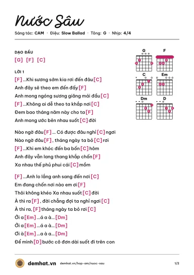Hợp âm Nước Sâu (CAM) – bản nhạc PDF trang 1, tông G