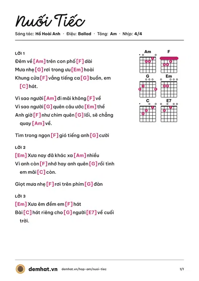 Hợp âm Nuối Tiếc (Hồ Quỳnh Hương) – bản nhạc PDF trang 1, tông Am
