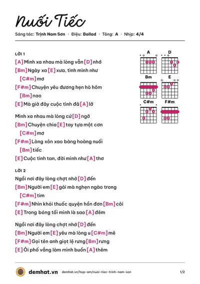 Hợp âm Nuối Tiếc (Trịnh Nam Sơn) – bản nhạc PDF trang 1, tông A