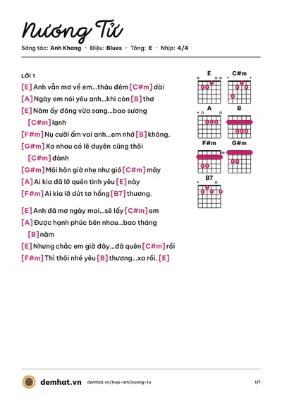 Hợp âm Nương Tử (Anh Khang) – bản nhạc PDF trang 1, tông E