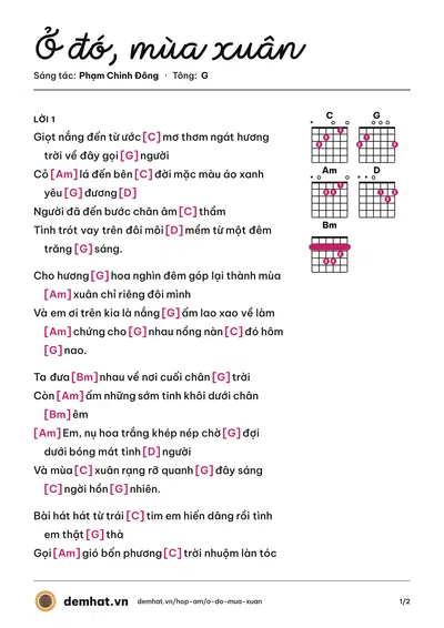 Hợp âm Ở đó, mùa xuân (Cẩm Bình) – bản nhạc PDF trang 1, tông G