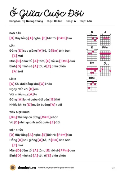 Hợp âm Ở Giữa Cuộc Đời (Tạ Quang Thắng) – bản nhạc PDF trang 1, tông A