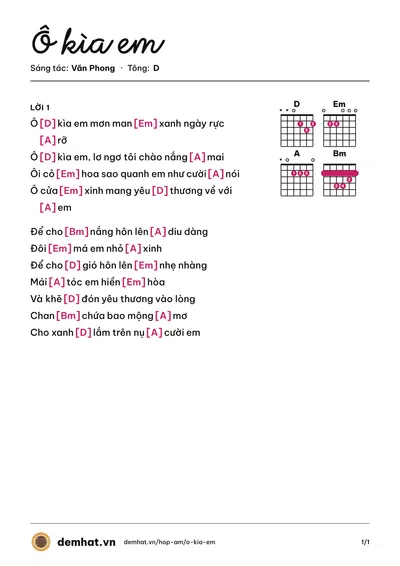 Hợp âm Ô kìa em (Tạ Quang Thắng) – bản nhạc PDF trang 1, tông D