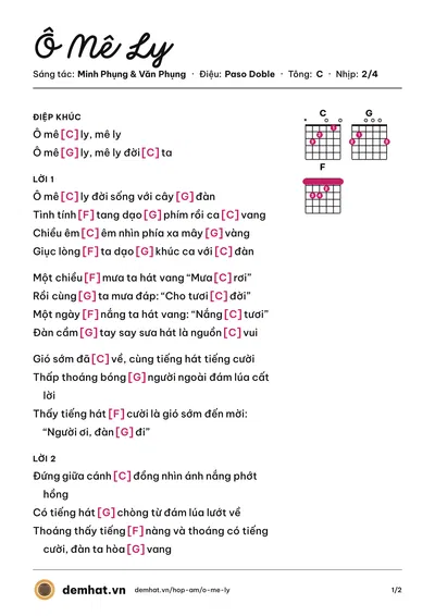 Hợp âm Ô Mê Ly (Ánh Tuyết) – bản nhạc PDF trang 1, tông C
