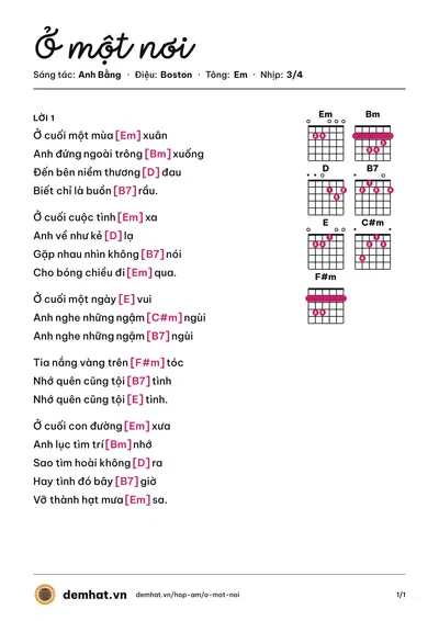 Hợp âm Ở một nơi (Diệu Hiền) – bản nhạc PDF trang 1, tông Em