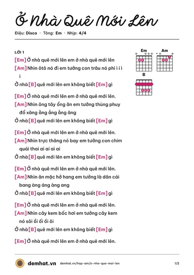 Hợp âm Ở Nhà Quê Mới Lên (Hoàng Boiz) – bản nhạc PDF trang 1, tông Em