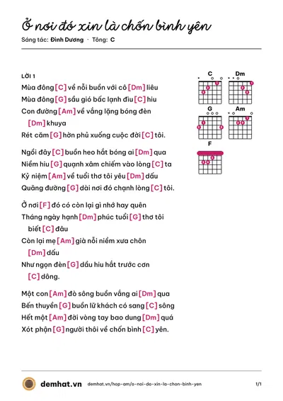 Hợp âm Ở nơi đó xin là chốn bình yên (Đình Dương) – bản nhạc PDF trang 1, tông C