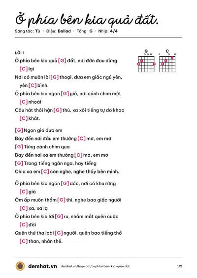 Hợp âm Ở phía bên kia quả đất. (Tú) – bản nhạc PDF trang 1, tông G
