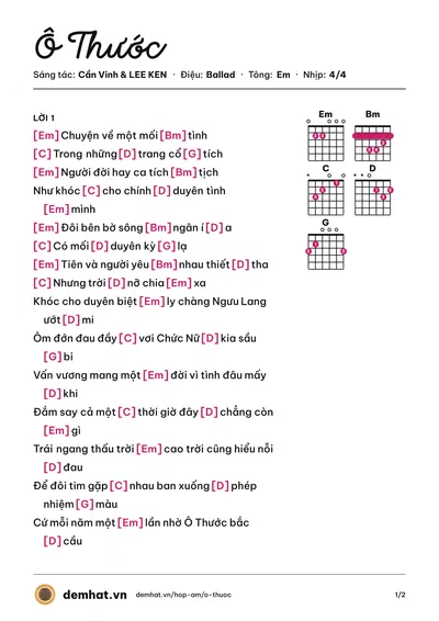 Hợp âm Ô Thước (Cần Vinh) – bản nhạc PDF trang 1, tông Em