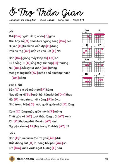 Hợp âm Ở Trọ Trần Gian (Nguyễn Hân) – bản nhạc PDF trang 1, tông Dm