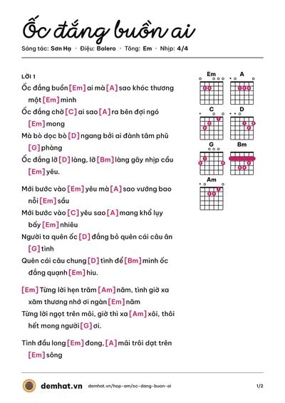 Hợp âm Ốc đắng buồn ai (Tố My) – bản nhạc PDF trang 1, tông Em