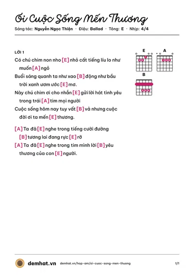 Hợp âm Ơi Cuộc Sống Mến Thương (Mắt Ngọc) – bản nhạc PDF trang 1, tông E