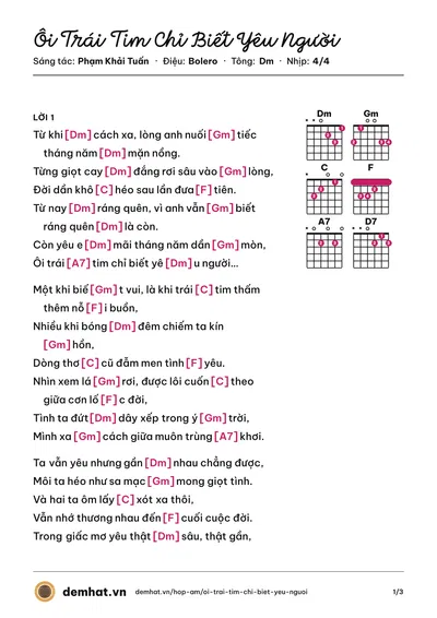 Hợp âm Ôi Trái Tim Chỉ Biết Yêu Người (Bằng Kiều) – bản nhạc PDF trang 1, tông Dm