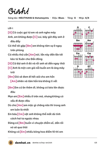Hợp âm Oish! (HIEUTHUHAI) – bản nhạc PDF trang 1, tông G