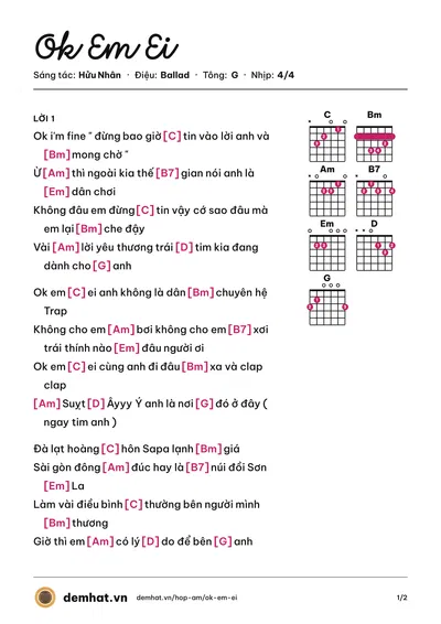 Hợp âm Ok Em Ei (Hửu Nhân) – bản nhạc PDF trang 1, tông G
