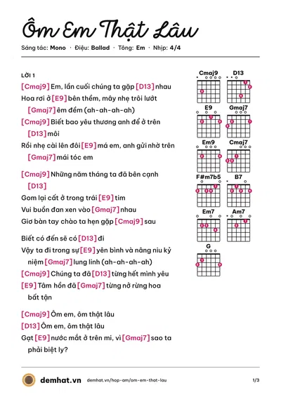 Hợp âm Ôm Em Thật Lâu (Mono) – bản nhạc PDF trang 1, tông Em