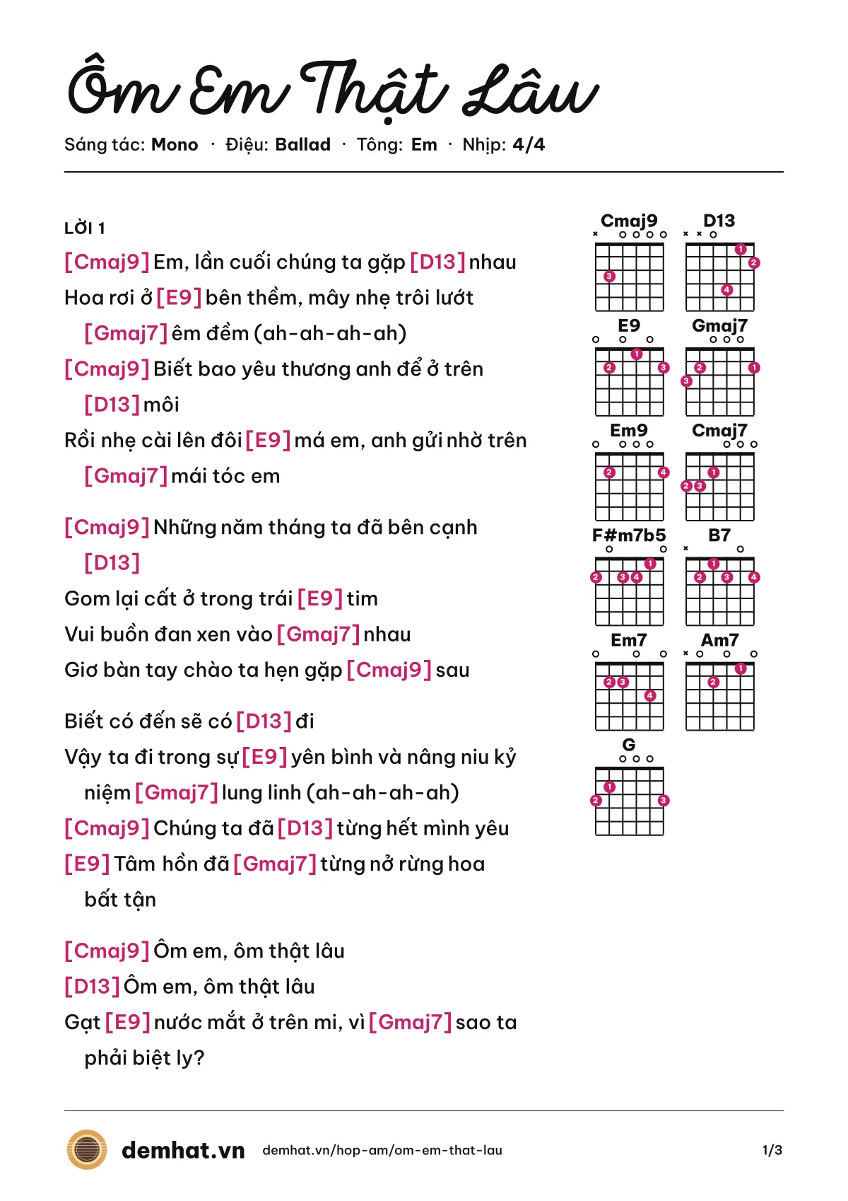 Hợp âm Ôm Em Thật Lâu (Mono) – bản nhạc PDF trang 1, tông Em