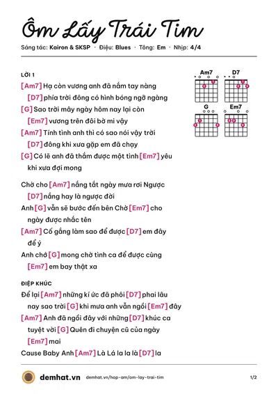 Hợp âm Ôm Lấy Trái Tim (Kairon) – bản nhạc PDF trang 1, tông Em