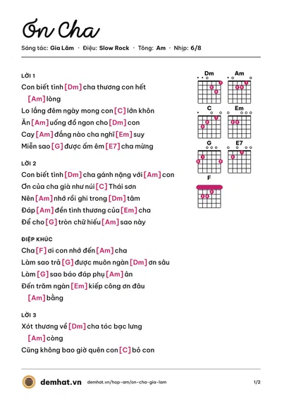 Hợp âm Ơn Cha (Gia Lâm) – bản nhạc PDF trang 1, tông Am