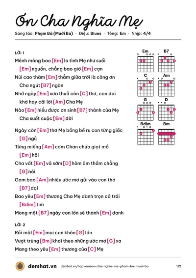 Hợp âm Ơn Cha Nghĩa Mẹ (Phạm Bá (Mười Ba)) – bản nhạc PDF trang 1, tông Em
