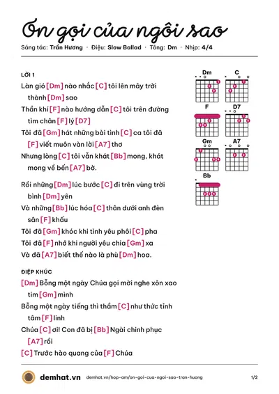 Hợp âm Ơn gọi của ngôi sao (Trần Hương) – bản nhạc PDF trang 1, tông Dm