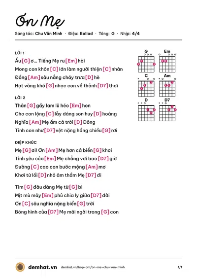 Hợp âm Ơn Mẹ (Chu Văn Minh) – bản nhạc PDF trang 1, tông G