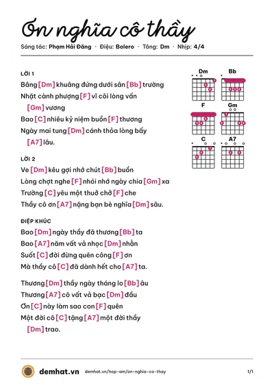 Hợp âm Ơn nghĩa cô thầy (Dzoãn Minh) – bản nhạc PDF trang 1, tông Dm