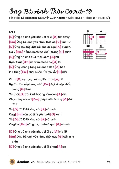 Hợp âm Ông Bà Anh Thời Covid-19 (Lê Thiện Hiếu) – bản nhạc PDF trang 1, tông D