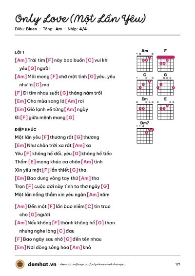 Hợp âm Only Love (Một Lần Yêu) (Nguyễn Phi Hùng) – bản nhạc PDF trang 1, tông Am