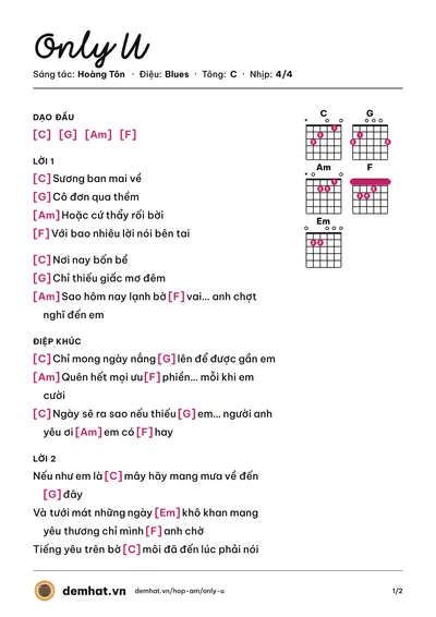 Hợp âm Only U (Hoàng Tôn) – bản nhạc PDF trang 1, tông C