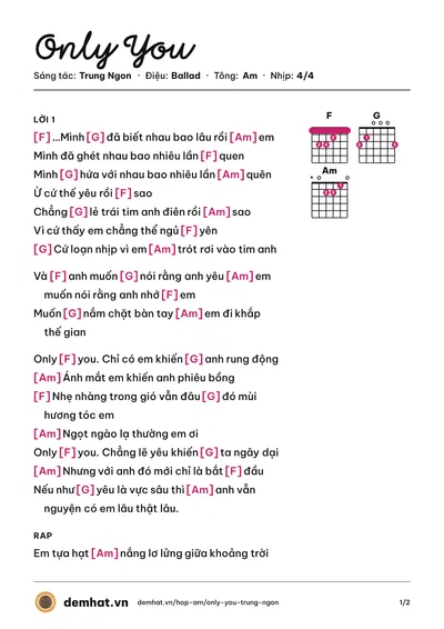 Hợp âm Only You (Leo Minh Tuấn) – bản nhạc PDF trang 1, tông Am