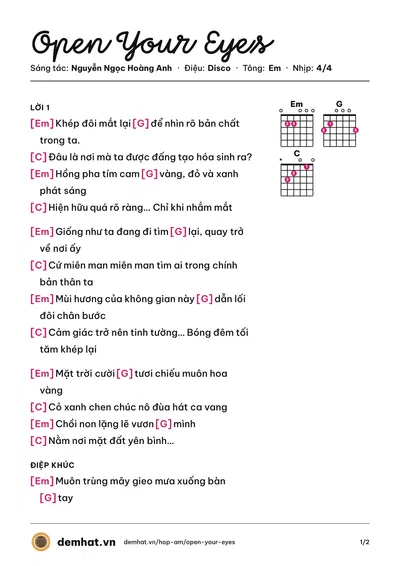 Hợp âm Open Your Eyes (Mono) – bản nhạc PDF trang 1, tông Em