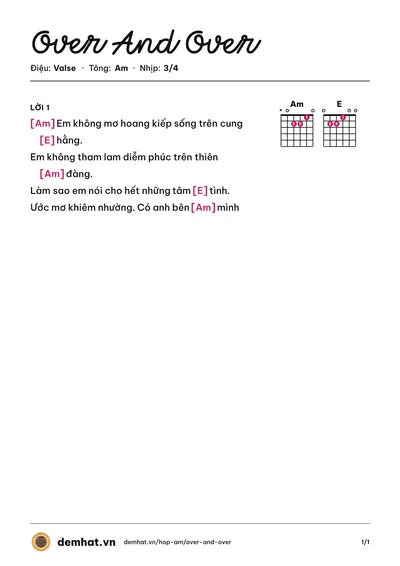 Hợp âm Over And Over – bản nhạc PDF trang 1, tông Am