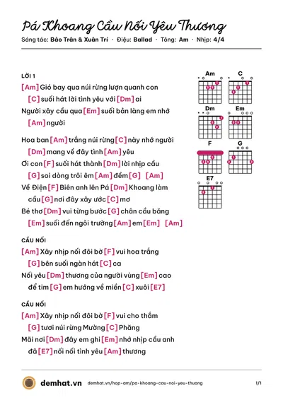 Hợp âm Pá Khoang Cầu Nối Yêu Thương (Phương Mai) – bản nhạc PDF trang 1, tông Am