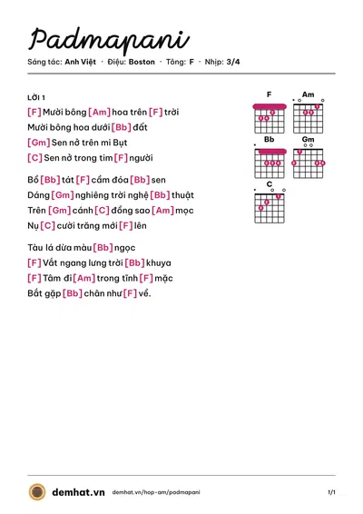 Hợp âm Padmapani (Unknow) – bản nhạc PDF trang 1, tông F