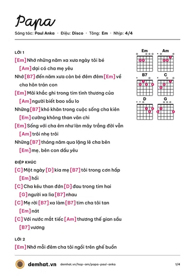 Hợp âm Papa (Elvis Phương) – bản nhạc PDF trang 1, tông Em