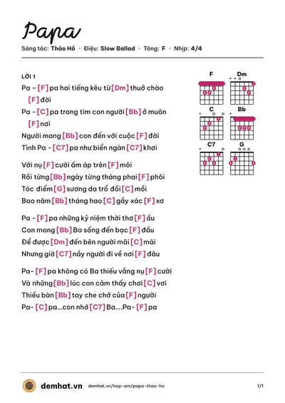 Hợp âm Papa (Thảo Hồ) – bản nhạc PDF trang 1, tông F