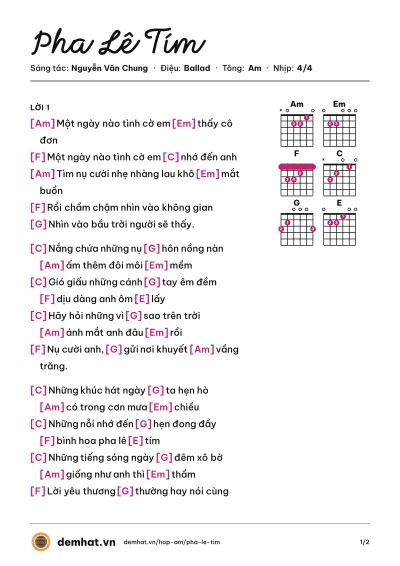 Hợp âm Pha Lê Tím (Cao Thái Sơn) – bản nhạc PDF trang 1, tông Am