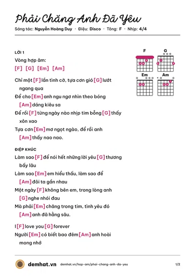Hợp âm Phải Chăng Anh Đã Yêu (Châu Khải Phong) – bản nhạc PDF trang 1, tông F