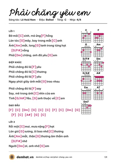Hợp âm Phải chăng yêu em (Mạc Lương) – bản nhạc PDF trang 1, tông C