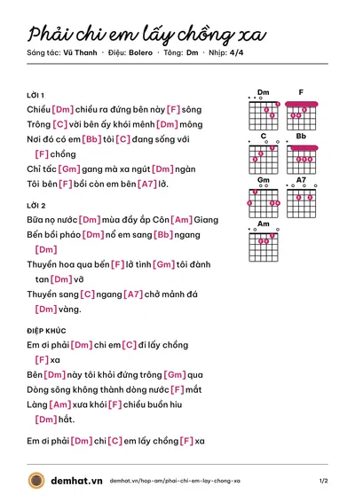Hợp âm Phải chi em lấy chồng xa (Nhật Lâm) – bản nhạc PDF trang 1, tông Dm