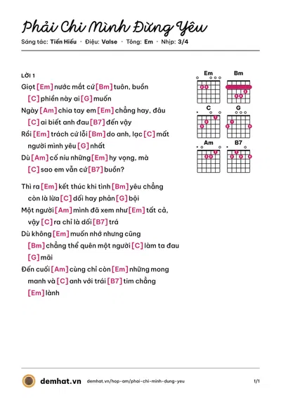 Hợp âm Phải Chi Mình Đừng Yêu (Hoàng Anh Duy) – bản nhạc PDF trang 1, tông Em