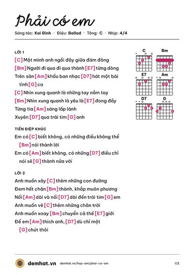 Hợp âm Phải có em (Kai Đinh) – bản nhạc PDF trang 1, tông C