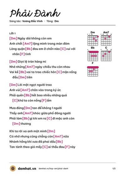 Hợp âm Phải Đành (Vương Đắc Vinh) – bản nhạc PDF trang 1, tông Dm